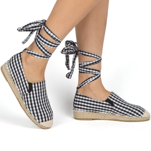 Qupid Shoes - Last 1 Blk/Wht gingham tie up leg espadrille FLAT